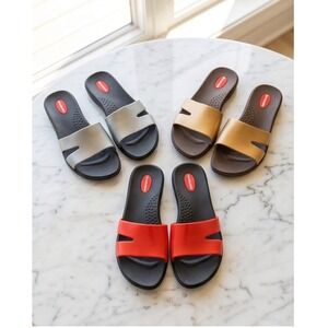 Okabashi Women 7M Lot of 3 Slide Sandals Red Silver Brown Comfort Shoes NEW